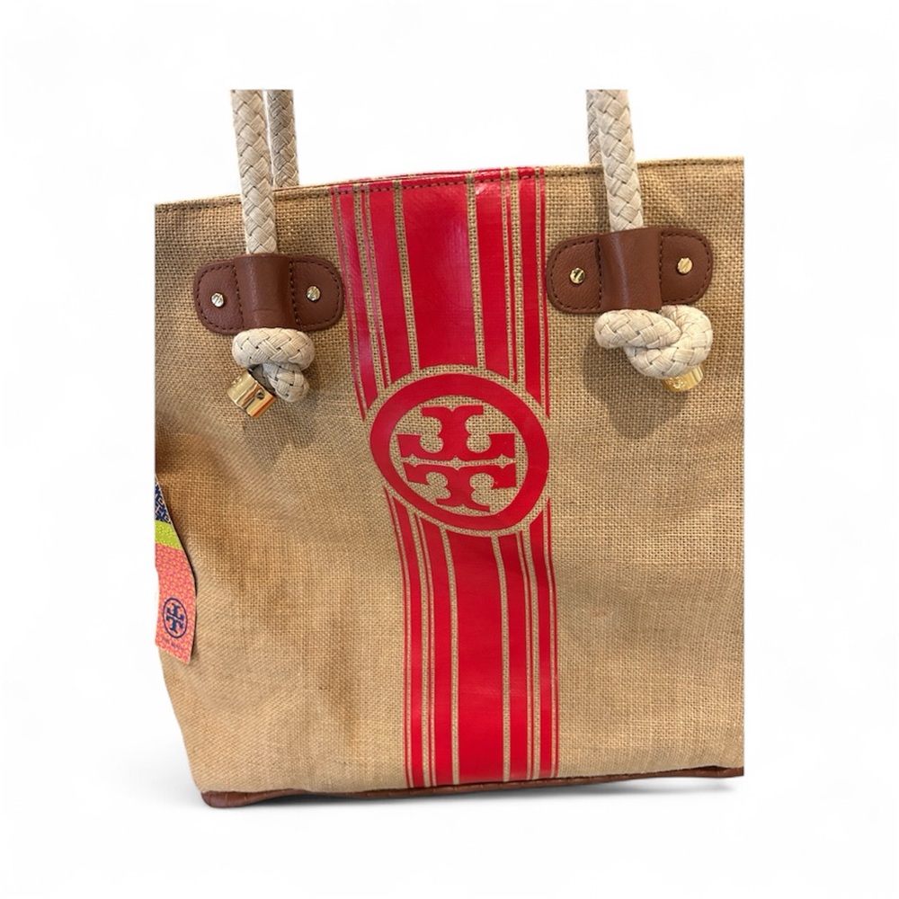 TORY BURCH ELLA NATURAL RED STRIPE CANVAS TOTE VOLCANO BURLAP LARGE NWT - Picture 3 of 14